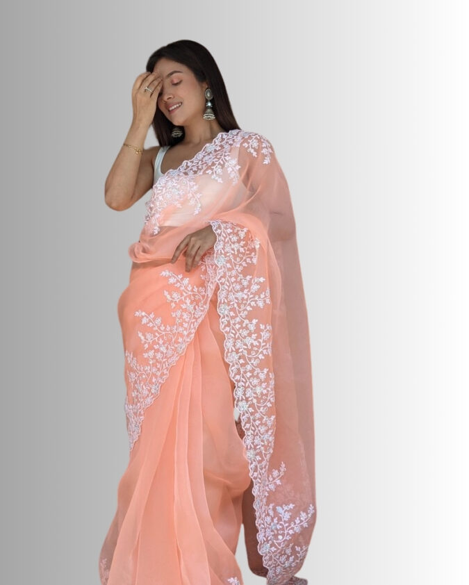 peach colour pure organza saree with digital print