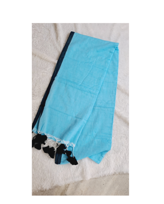 sky blue  color with black border plain pure mul cotton saree