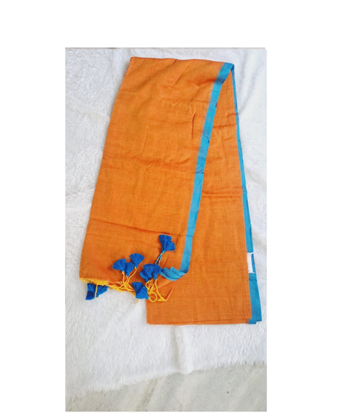 golden orange color with blue border plain pure mul cotton saree
