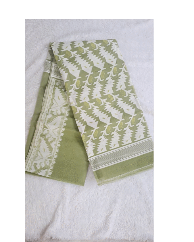 light mehandi green color pure cotton heavy pallu jamdhani saree