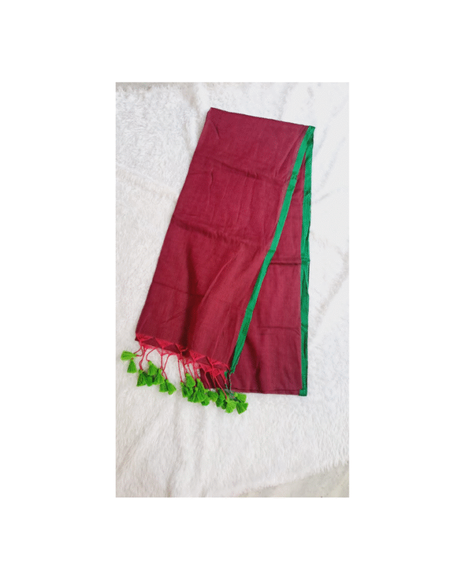 wine color with green  border plain pure mul cotton saree