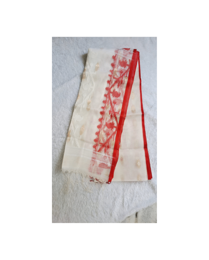 white and red color pure muslin jamdhani saree
