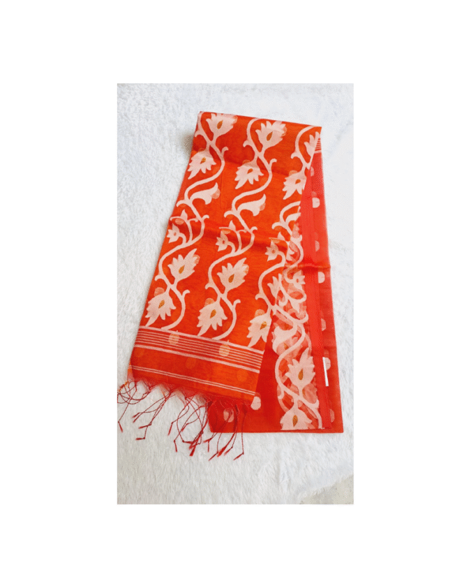 chilly red color pure muslin jamdhani saree
