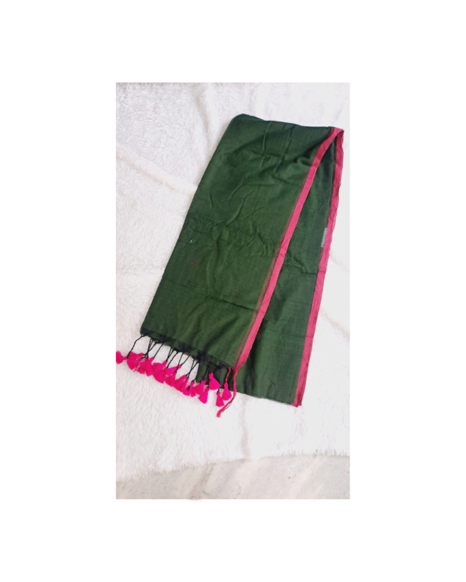 bottle green color with pink border plain pure mul cotton saree